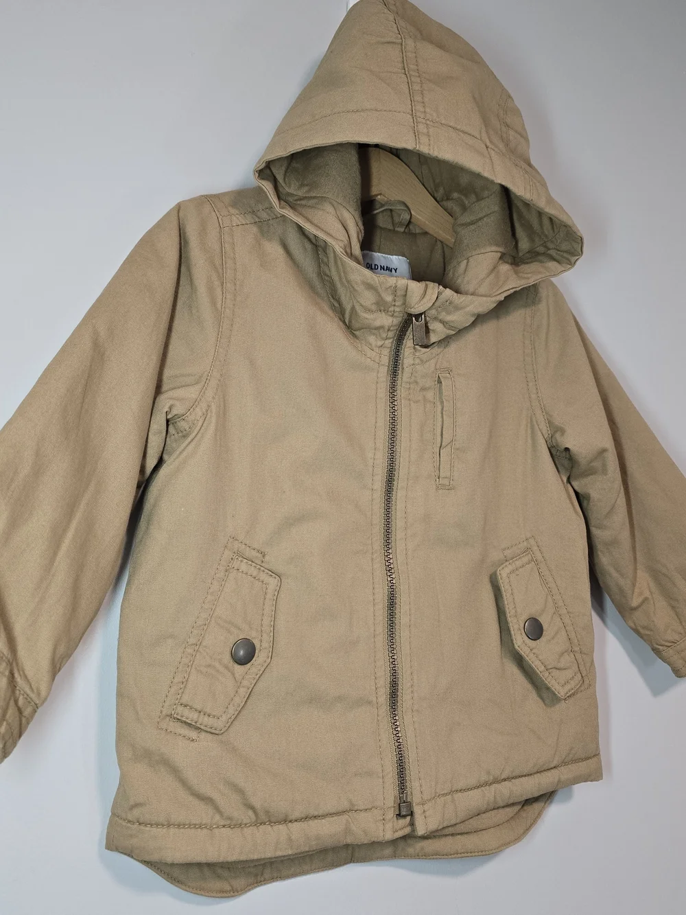 Old Navy Kids' Hooded Jacket in Khaki, Lightweight Warm Fall Style.